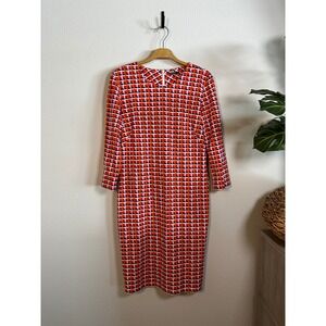 J McLaughlin Geometric Print Midi Dress Red Blue Pink Long Sleeve Womens Size L